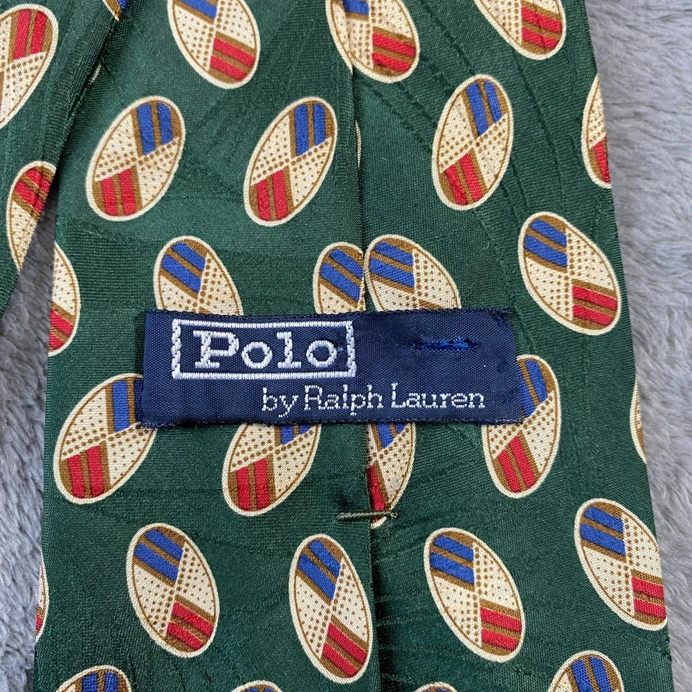 Vintage Polo Ralph Lauren Tie Mens OS Green Red Silk Oval Geometric USA Handmade